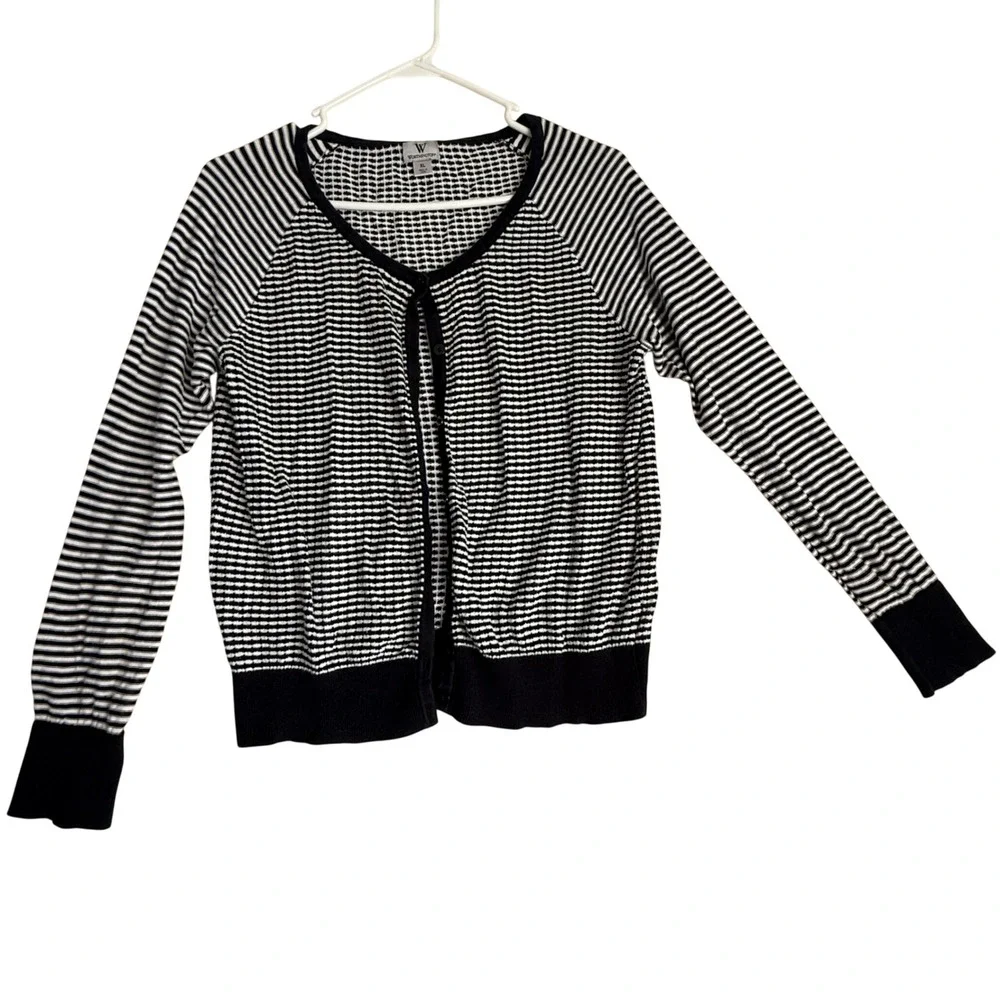 Worthington Womens Cardigan Sweater Black White Stripe Textured Knit XL‎